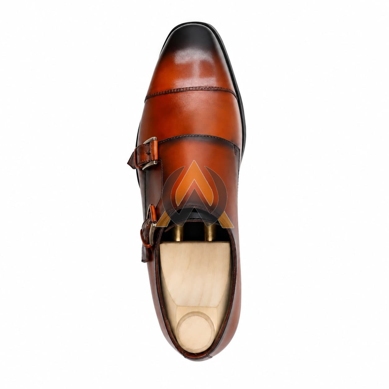 Men’s Cognac Brown Leather Double Monk Strap Shoes view 6