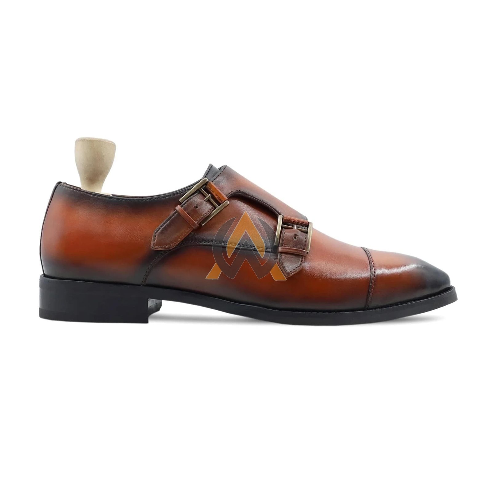 Men’s Cognac Brown Leather Double Monk Strap Shoes