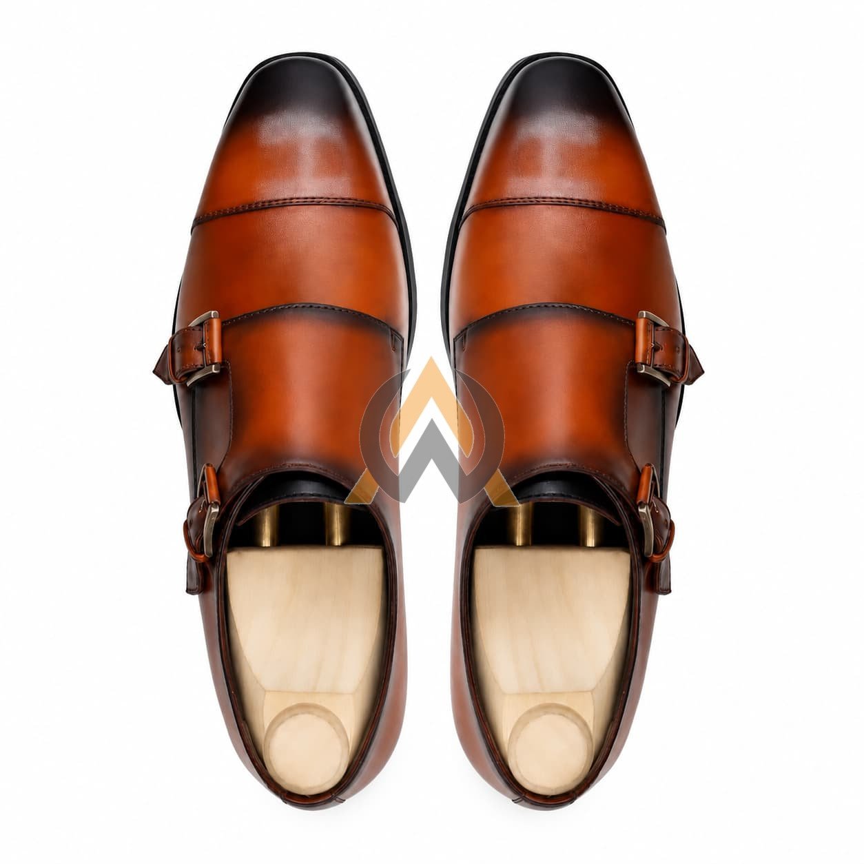 Men’s Cognac Brown Leather Double Monk Strap Shoes view 2
